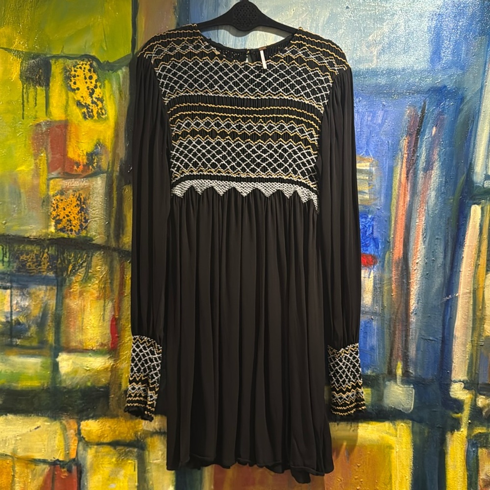 Free People Late Night Picnic Black Smocked Dress - Size M